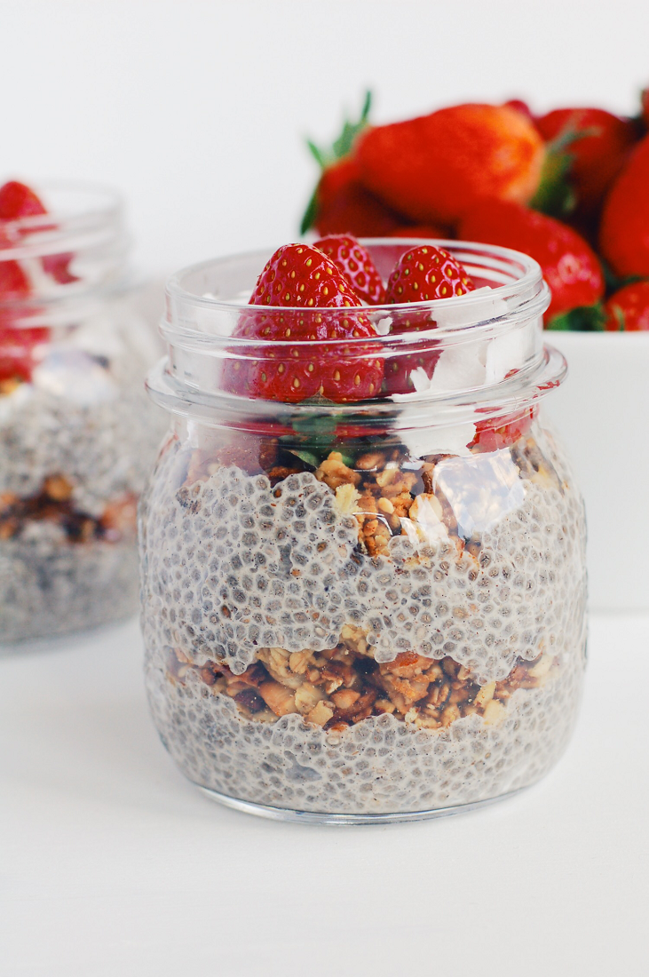 layered chia pudding with granola and berries